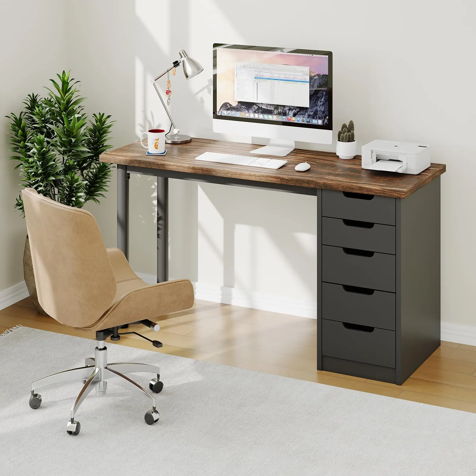 47'' Computer Desk with Drawers, Office Desk with 5 Drawers, Modern Simple Study Table with Storage & Sturdy Metal Legs, Office Table for Small Spaces, Apartments, Dorms