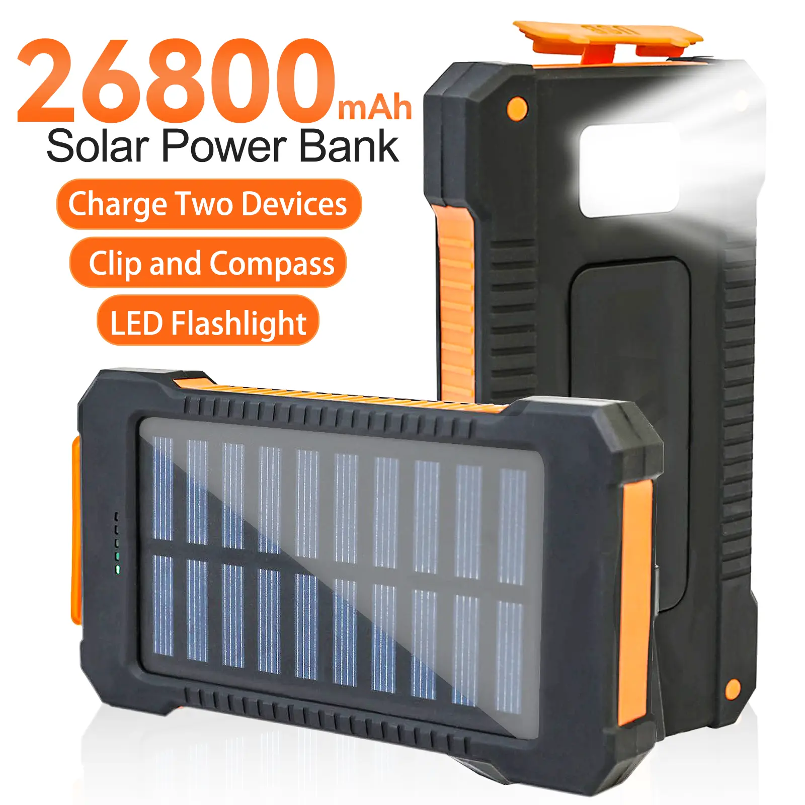26800mAh Solar Power Ready Mobile Charging Power Bank - Compact Portable, Built-in LED Flashlight, Waterproof Outdoor Battery Pack with Clip & Compass, Universal 3-in-1 Cable, Sohochic, Compact Portable Power Banks
