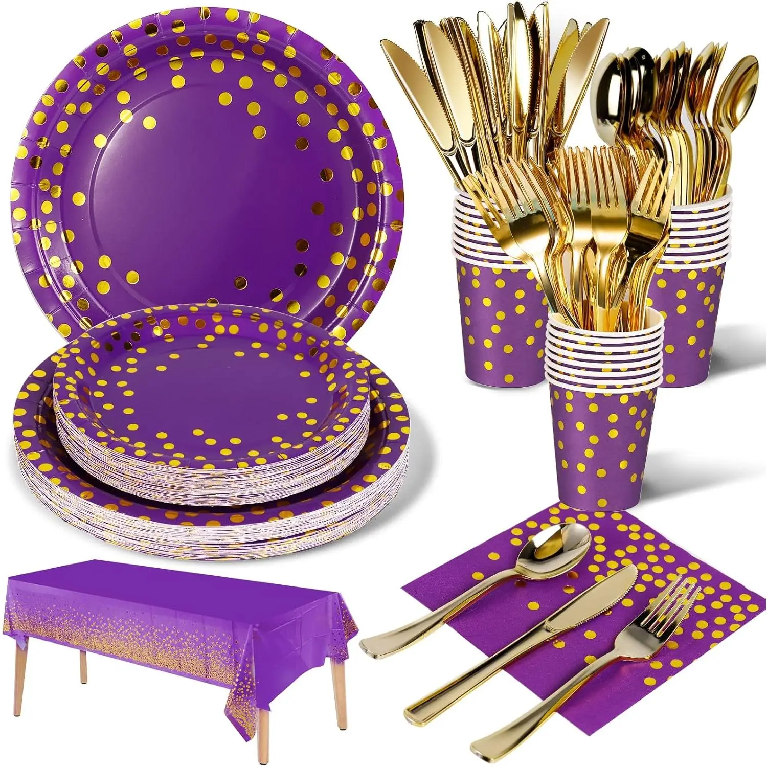 141 Pcs Purple & Gold Themed Party Decor Set, Disposable Party Supplies Kit with Paper Plates, Napkins, Paper Cups, Plastic Tableware Forks Knives Spoons, Perfect for Baby Shower, Birthday Party, Wedding Banquet & Daily Gathering, Serves 20 People