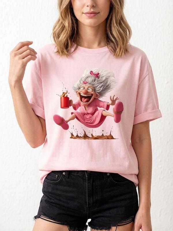 Women's Fitted Cut Short-Sleeve Crew Neck Funny Graphic T-Shirt - Pure Cotton Lightweight Soft Boho Top, Pink Cartoon Print Old Lady & Coffee Mug Design for Beach Wear