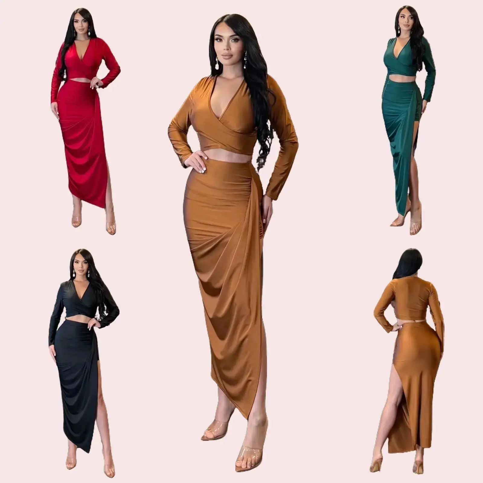 Nova Set Long Sleeve Women's Maxi Dress with V-Neck & Ruched Skirt in Red  Brown Black Green Versatile Stylish Design for Casual & Office Wear -  TikTok Shop