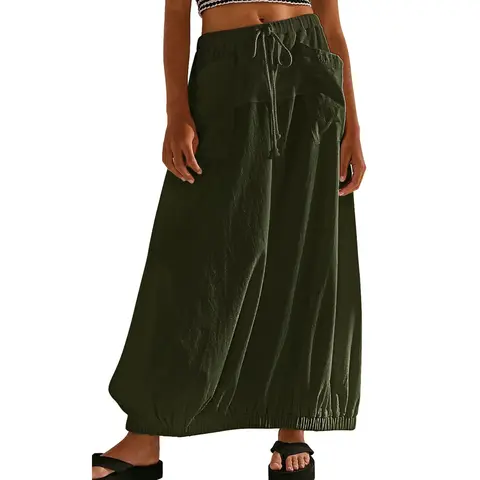 CHARTOU Women's Baggy Balloon Parachute Maxi Skirt - Lightweight Cotton-Blend Polycotton Plain Boho Bottoms with 2-Pocket Carry, Casual Comfy Beach Wear (skirts for women, boho clothes for women)