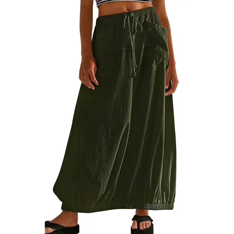 CHARTOU Women's Baggy Balloon Parachute Maxi Skirt - Lightweight Cotton-Blend Polycotton Plain Boho Bottoms with 2-Pocket Carry, Casual Comfy Beach Wear (skirts for women, boho clothes for women)