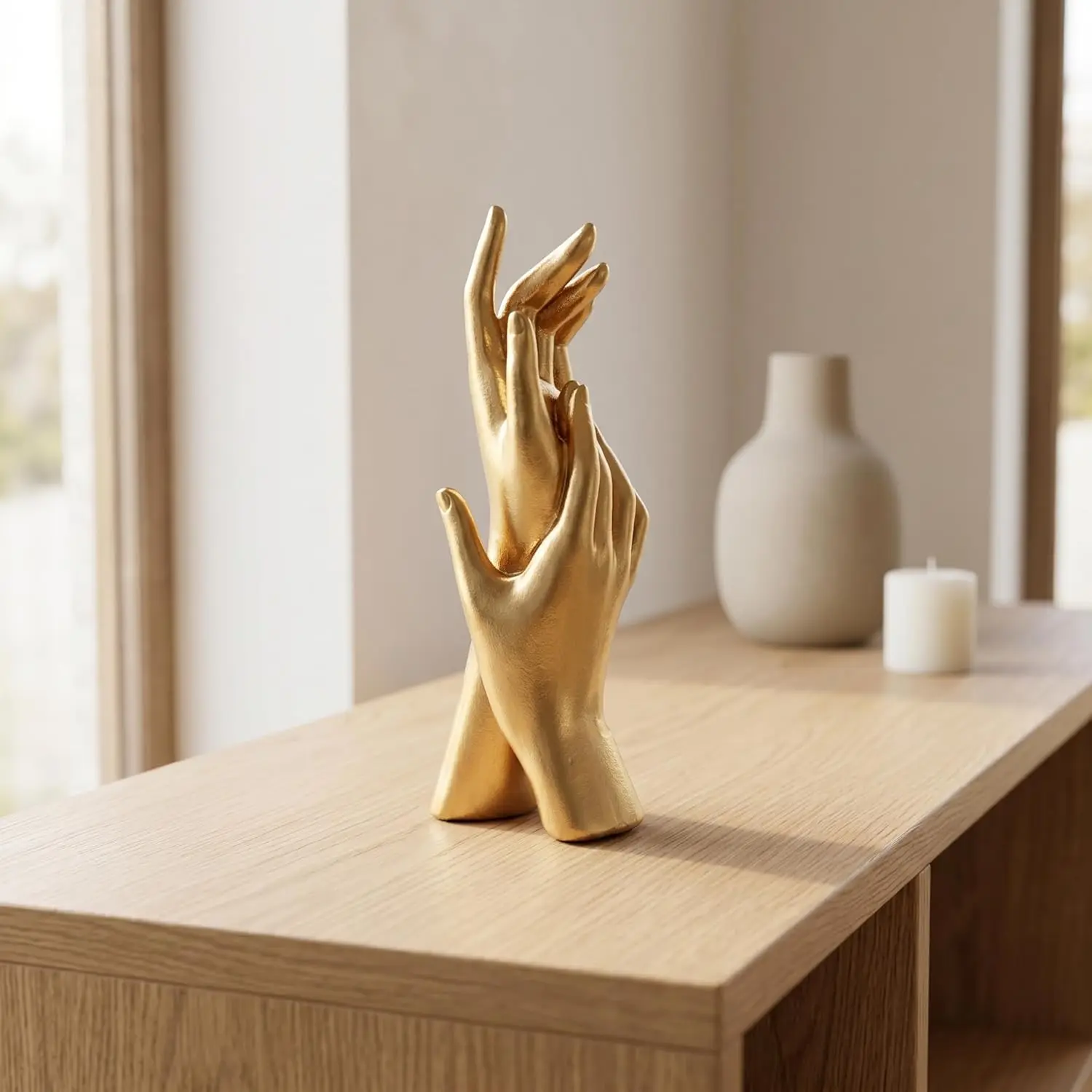 Golden Hands Resin Sculpture - Compact, Hand-Painted Minimalist Decorative Artistic Piece, 7.9x3.5x4.5 In Smooth Retro Indoor Accent, Easy-Clean Modern Shelf Decor, Gold Housewarming Gift