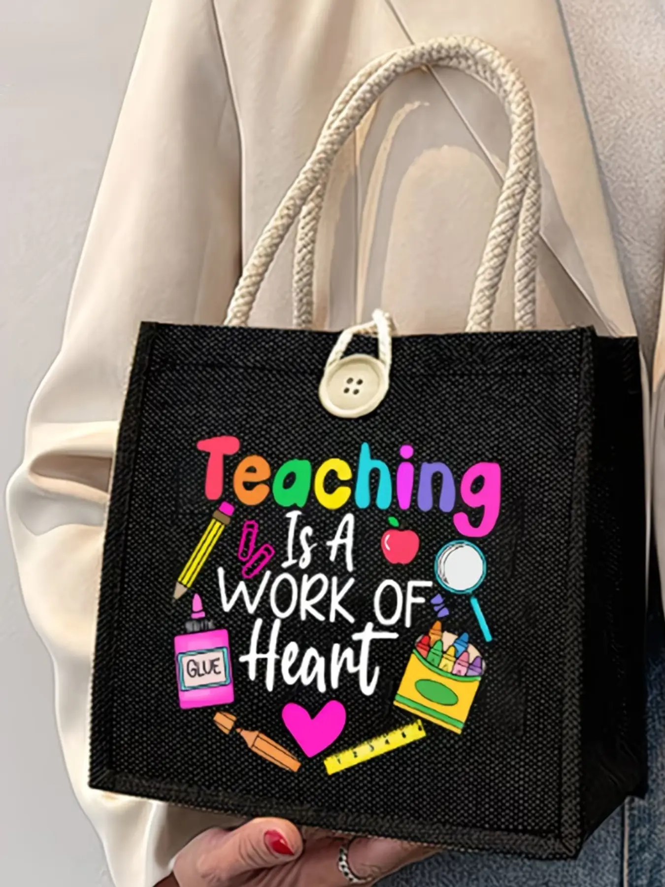 Teacher Tote Bag with Printed Design, Printed Tote Bags, Reusable Makeup Pouch & Double Handle, Ideal for Commuting, School, Shopping, Gift for Mom, Commuter Tote Bag, Stylish Tote Bag, Daily Commuter Bag