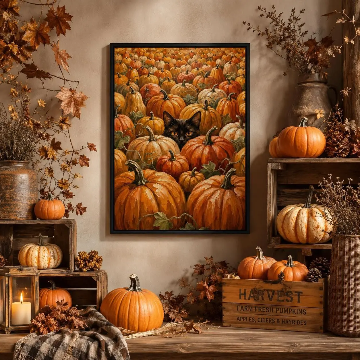 Fall Pumpkin Field Black Cat Canvas Wall Art Oil Painting Style Retro Autumn Harvest Poster Farmhouse Seasonal Wall Hanging Decor for Living Room Bedroom Halloween Holiday Home Wall Print