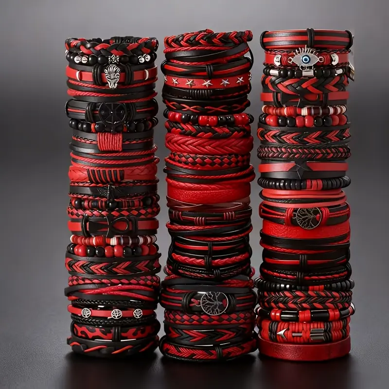 Unisex Gothic Style PU Leather Bracelet Set (12/24pcs) - Adjustable Woven Cuffs, Stackable Strap, Alternative Gothic Bracelets & Bangles, Arm Candy, Vintage Daily Wear Teen Gift