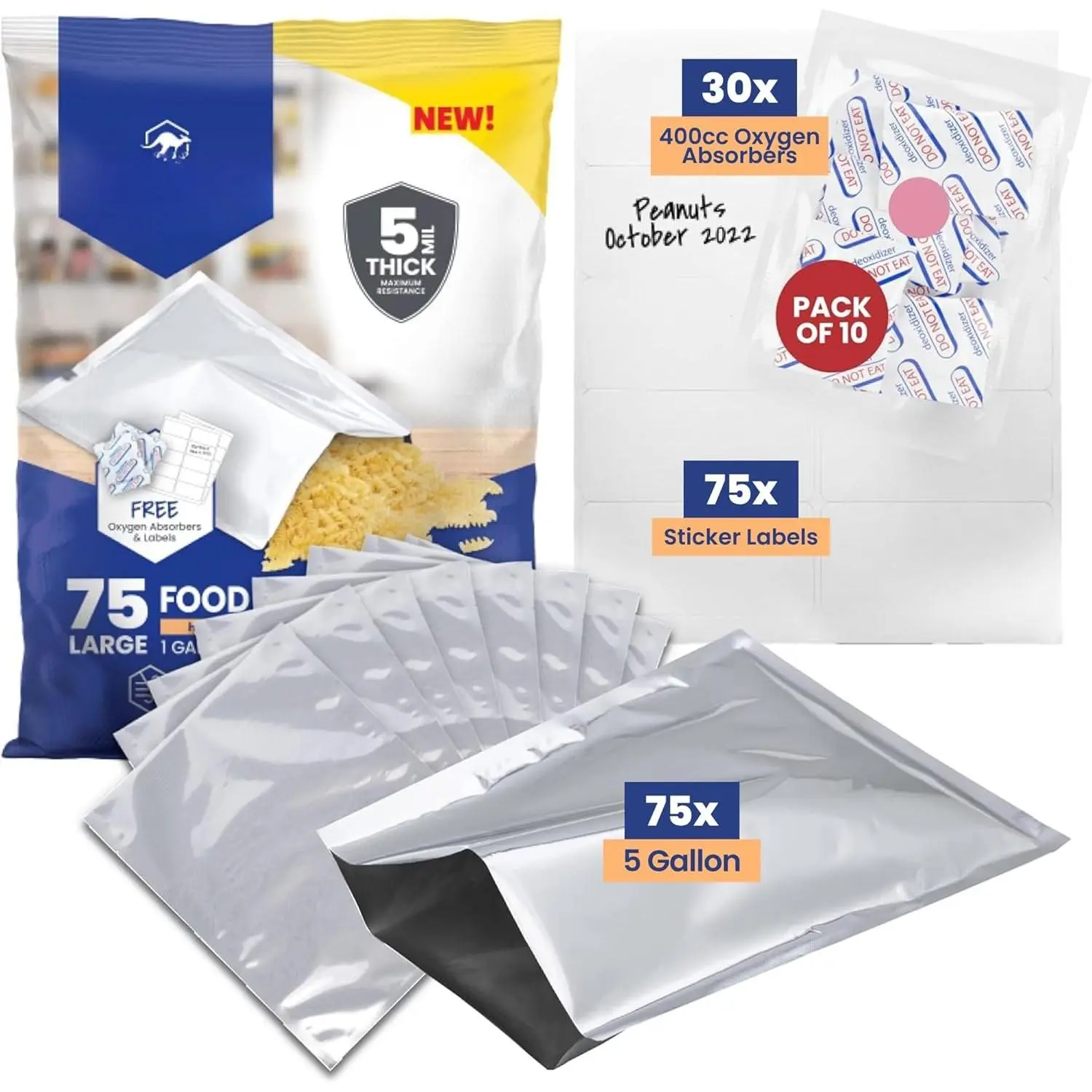 75 Count 1-Gallon Mylar Bags with 400cc  Absorbers, 10 Mil Total Thickness Long-Term  Storage Pouches, 10x14 Heat-Sealable Airtight Packaging -