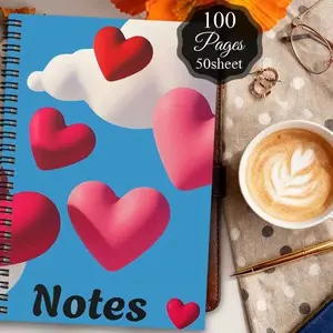 Heart Theme Coil Notebook, Fresh Healing Style, Sky Blue Background, Hearts Clouds, 100 Pages, Ideal for Office School Gifts