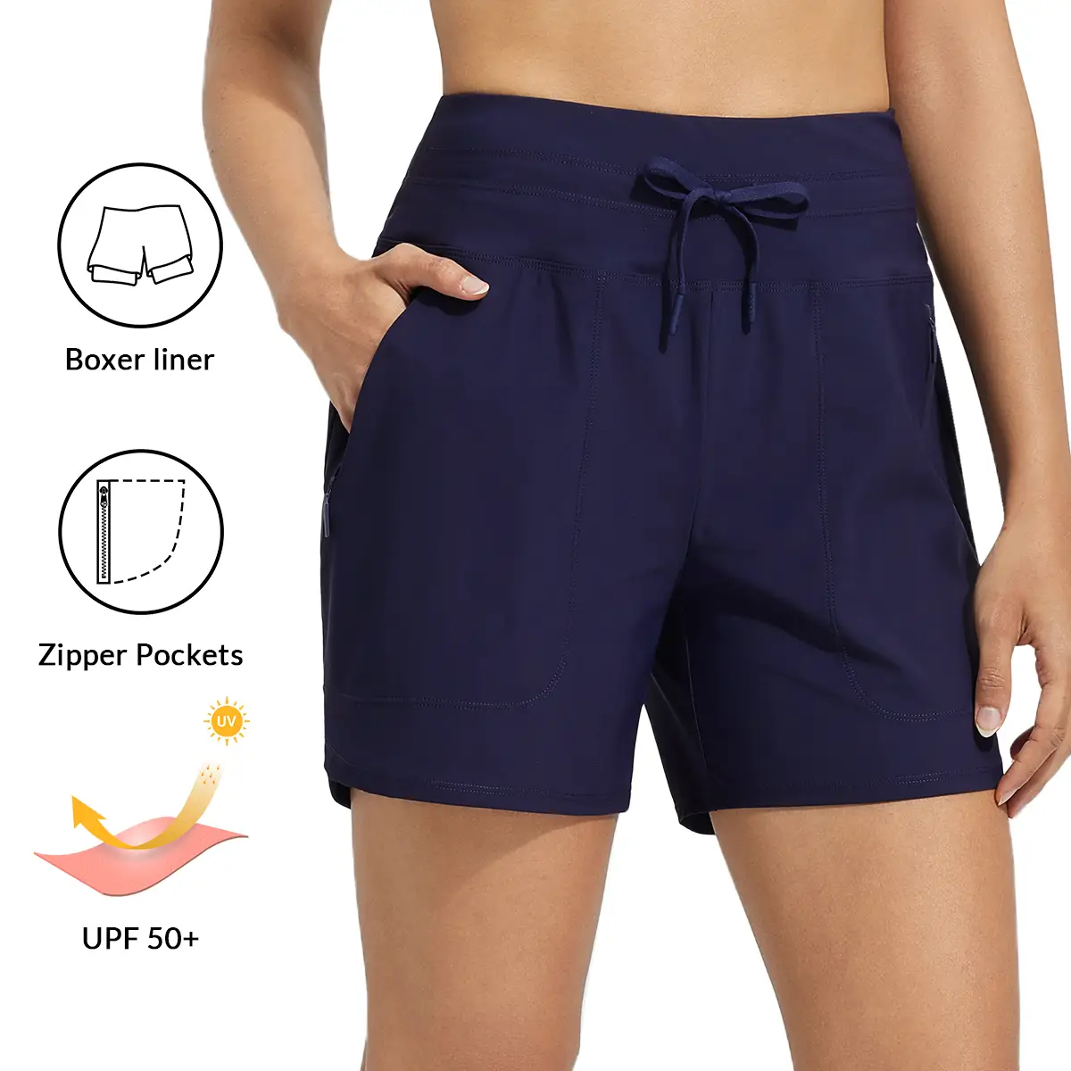 baleaf Women's 5" Swim Board Shorts High Waisted Quick Dry UPF 50+ Swimsuit Swimming Bottoms with Boxer Liner Zipper Pockets