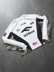 1 Unisex White Racing Jersey, "F Achieve" #23 Camo Sleeve Graphic, USA Flag Print, Motorsport Streetwear Style, Athletic Fashion Activewear, Athletic Sports Clothing, Ideal for Casual Daily & Trendy Urban Outfits