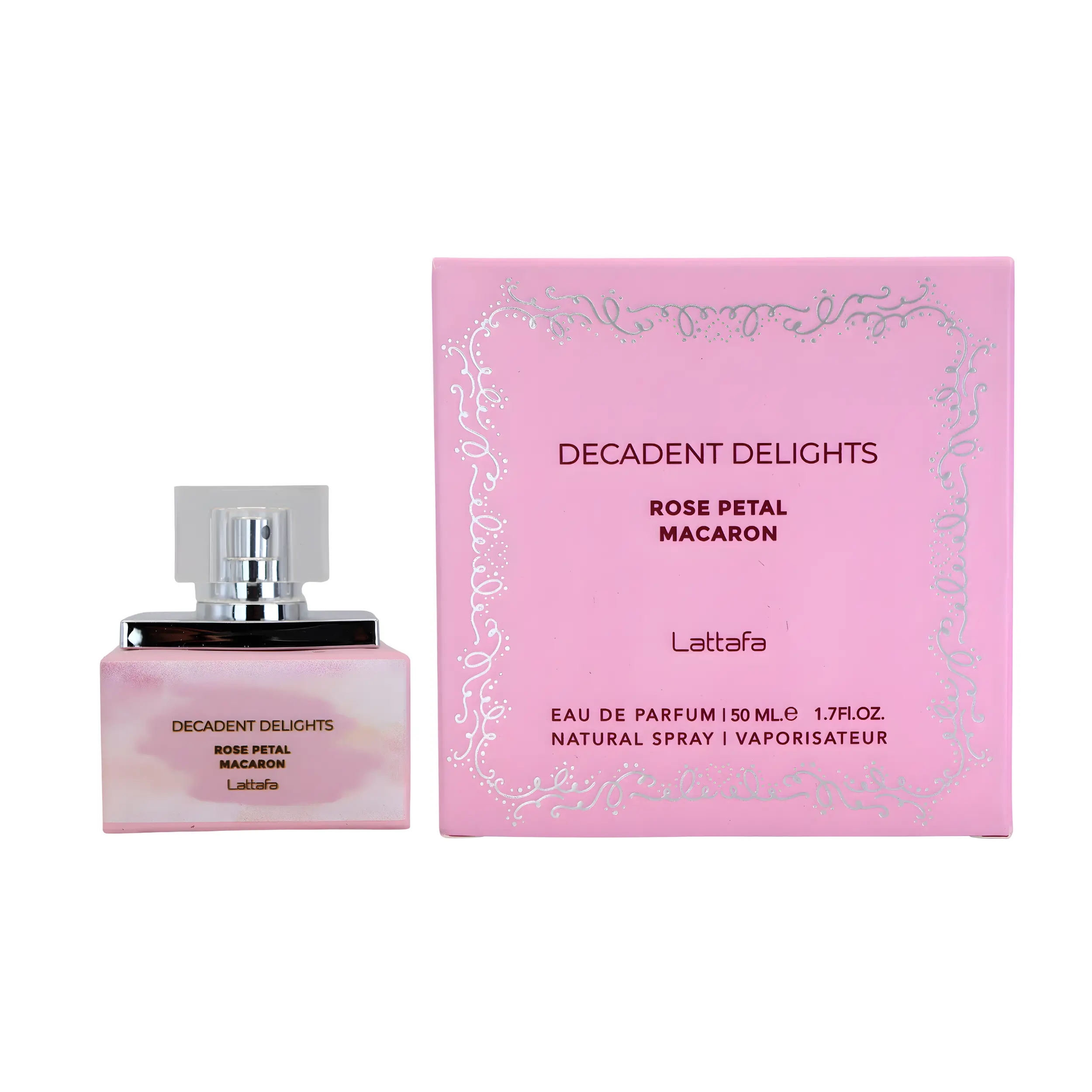 Lattafa Decadent Delights Macaron Rose Petal EDP Liquid Perfume - 50ML (1.7 fl oz) Soft Gourmand Adults' Fragrance with Vanilla, Buttery Pastry, Fresh Rose Bloom Notes, Long-Lasting Aroma Fragrance, Single Item