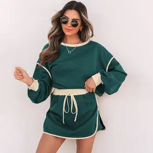Women's Color Contrast Loose Pullover and Lace-up Waist Skort Set Full Size Range Available in Size S-4X Both for Plus Size & Regular