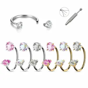 6mm/7mm 18G Titanium Gem Horseshoe Nose Ring with Free Ball Holder Tool Single hoop septum Piercings Available in Various Gem Color G23 Earring aurora Nose Ring Jewelry