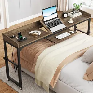 Tribesigns Height Adjustable Overbed Table with Wheels, Queen Size Mobile Over Bed Desk with Adjustable Tilt Stand, Outlets & USB Ports for Home and Hospital