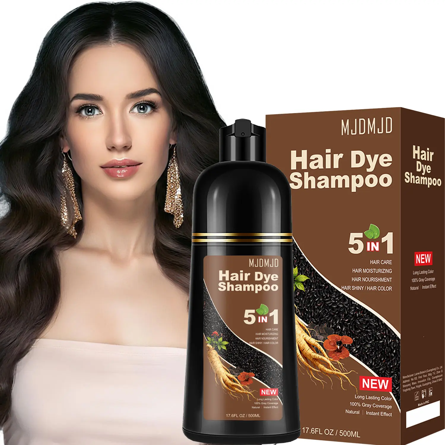 Black Hair Dye Shampoo 5-in-1, Instant Hair Color Shampoo for Gray Hair Coverage, Herbal Formula with Ginseng Extract & Plant Ingredients, Natural Sulfate-Free Hair Coloring for Women & Men, Champu Para Canas 200/500ML