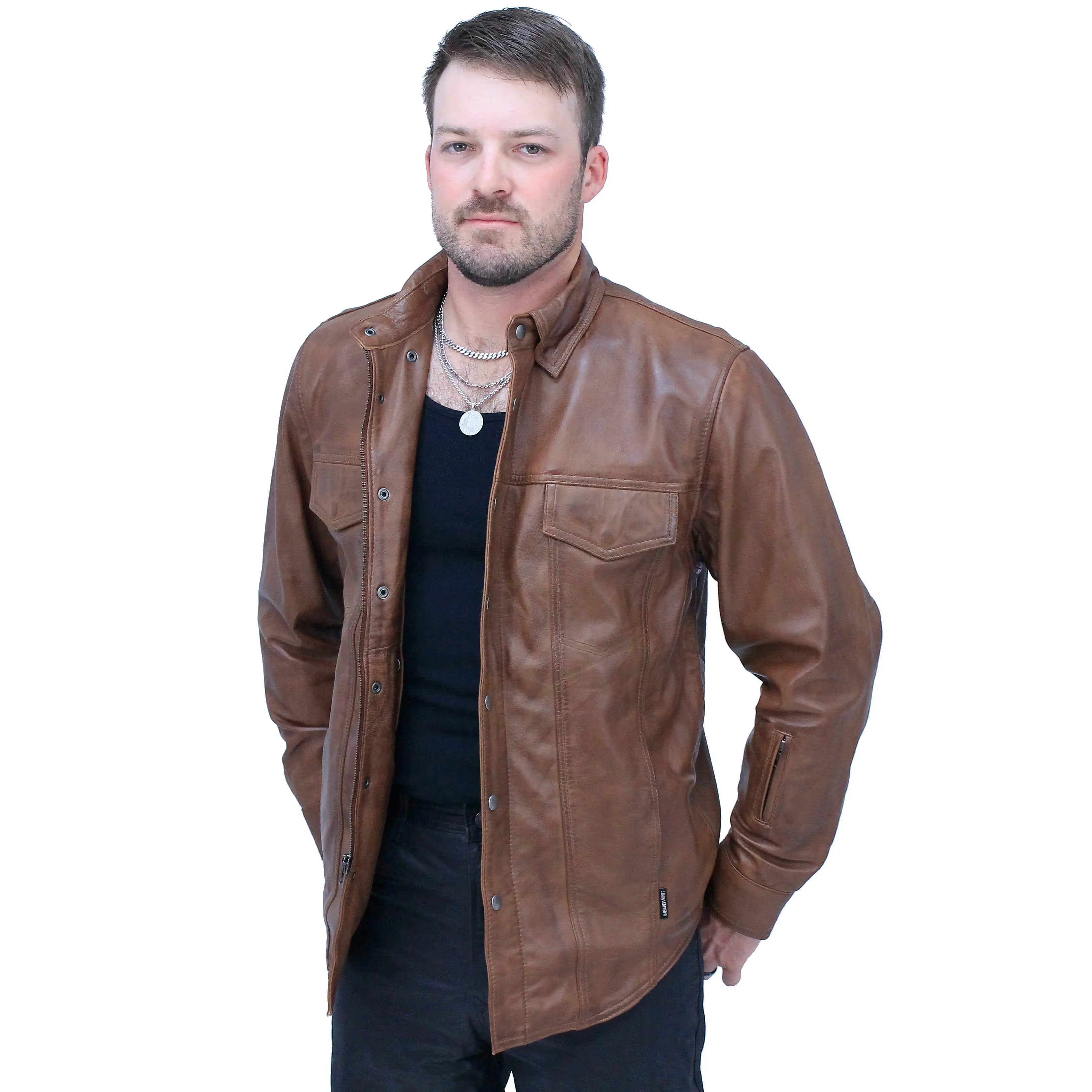 JAMIN LEATHER® Men's Antiqued Brown Leather Shirt #MS24805GN - Long Sleeve, Snap Chest Pockets, Soft Lambskin, Casual Menswear