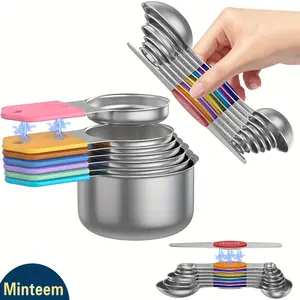 MINTEEM 15-Piece Magnetic Measuring Set 304 Steel Cups & Spoons Double-Sided Level for Dry Liquid Kitchen Utensils Accurate Metal Tools
