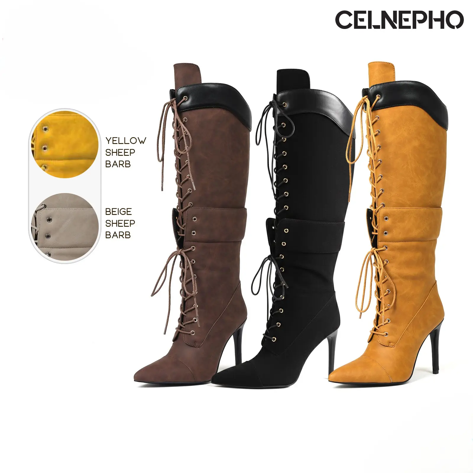 CELNEPHO Womens Knee High Boots Fashion Boot Pointed Toe Stiletto High Heels Lace up Design Comfy Easy Pull on Concert Festival Cosplay Knight Gift Party Work Casual Wear Outdoor Event Summer Trendy Statement Long Tall Dressy Shoes