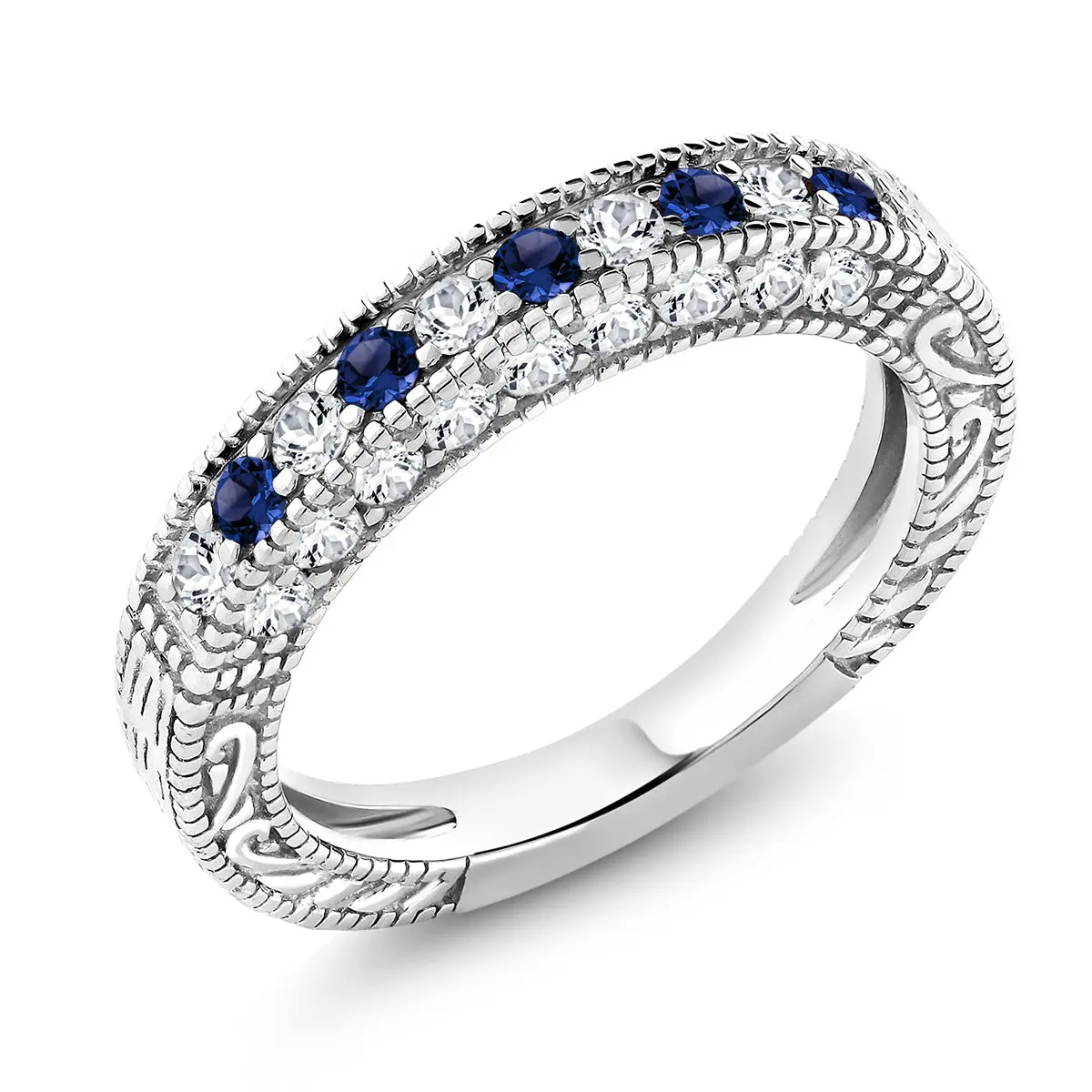 Gem Stone King Blue and White Created Sapphire Wedding Band Ring For Women | 925 Sterling Silver | 1.00 Cttw | Wedding Anniversary Promise Ring For Women | Available In Size 5, 6, 7, 8, 9