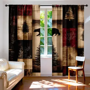 Outdoor Forest Bear Wood Grain Curtains, Vintage Camping Style, Bedroom Living Room Light Blocking Decorative Fabric
