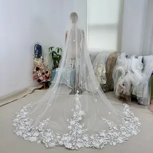 Delicate white floral bridal veil,stunning and heavily embellished wedding veil,romantic pure white soft tulle veil