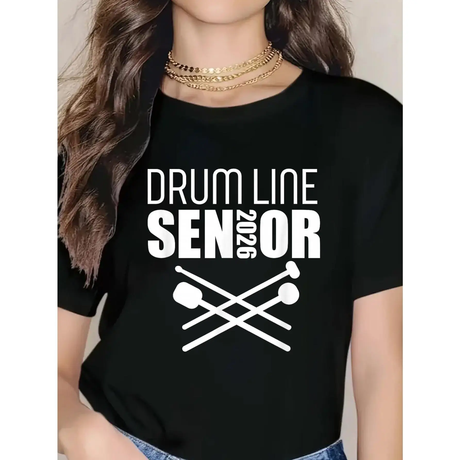 100% cotton unisex T-shirt for the 2026 senior drum line and marching band class of 2026; women’s round-neck short-sleeve T-shirt (2026).