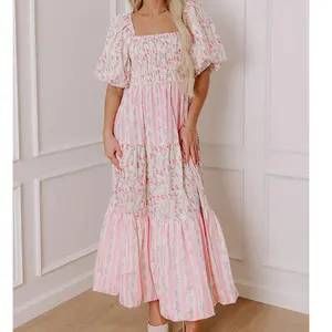 Women's Chic Floral Print Patchwork Pleated Dress, Casual Vacation Fashionable Sweet Maxi Dress