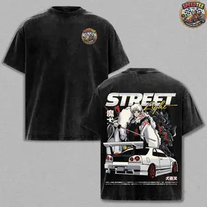 Sesshomaru x Skyline R34 JDM T-Shirt | Vintage Acid Wash Car Cartoon Tee | Oversized Anime Streetwear