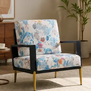 ARCH Floral Accent Chair Velvet Lounge Armchair with Solid Wood Frame Upholstered Living Room Chair with Metal Legs Reading Chair for Balcony Living Room Bedroom Multiple Color Options, Antique Blue/Antique Navy Blue/Beige/Black Color Options