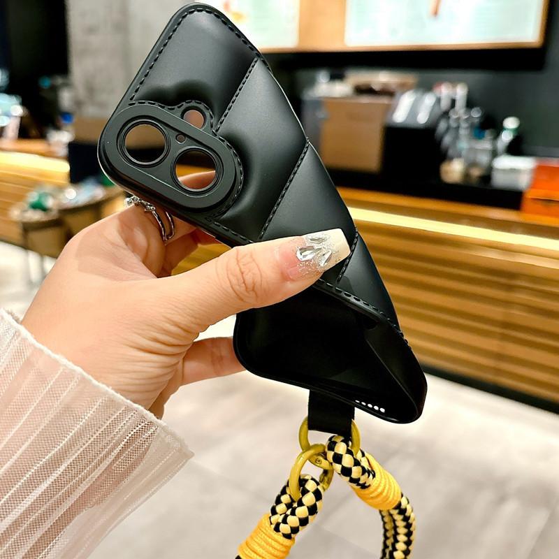 Luxury Liquid Down Jacket iPhone Case with Hand Strap | Oil Coated Protective Cover for iPhone 16 15 14 13 12 11 XR 7 8