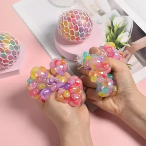 Rainbow Bead Mesh Grape Ball, Soft Squishy Fidget Toy, Colorful Jelly Squeeze Ball, Fun Hand Toy Gift for Teens Adults