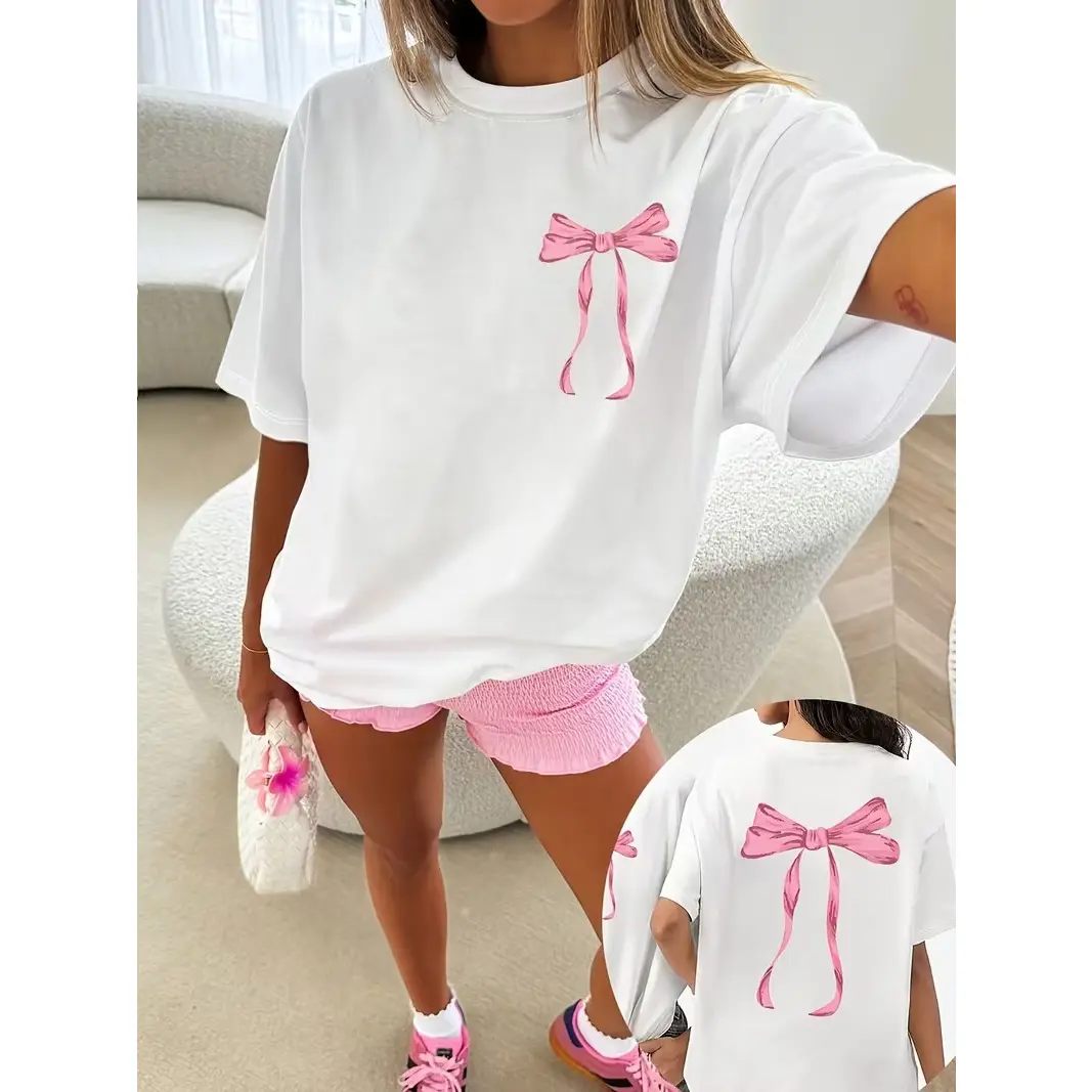 Womens White Cotton Short Sleeve Graphic Tee Pink Bow Print Cute Coquette Aesthetic Crew Neck Soft Lightweight Everyday Summer Outfit Street Style Vacation Lounge Top