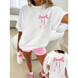 Womens White Cotton Short Sleeve Graphic Tee Pink Bow Print Cute Coquette Aesthetic Crew Neck Soft Lightweight Everyday Summer Outfit Street Style Vacation Lounge Top