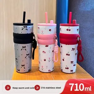 New Stainless Steel Coffee Thermos Cup | Portable Straw Cup with Fresh Pattern for Girls