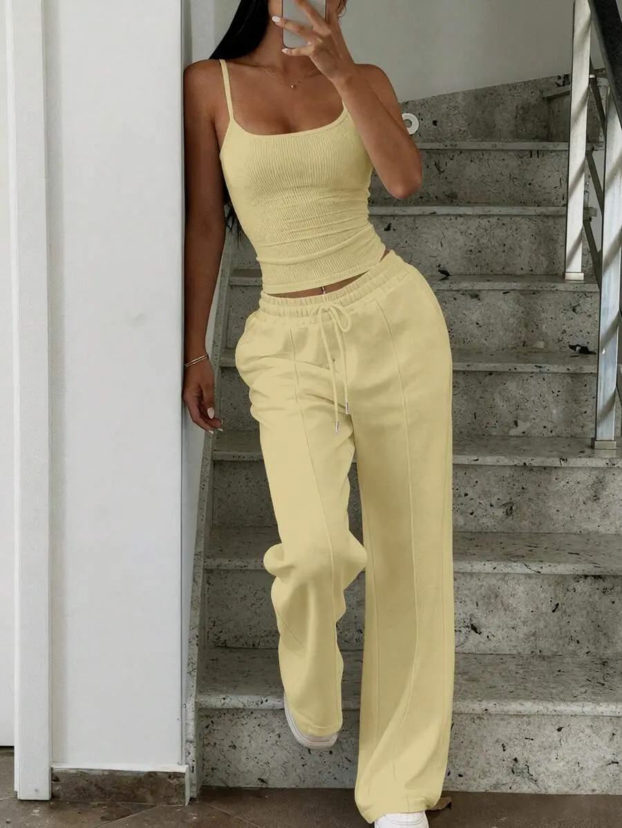 YULENA Women's Simple Solid Color Camisole And Drawstring Waist Sweatpants Set Summer