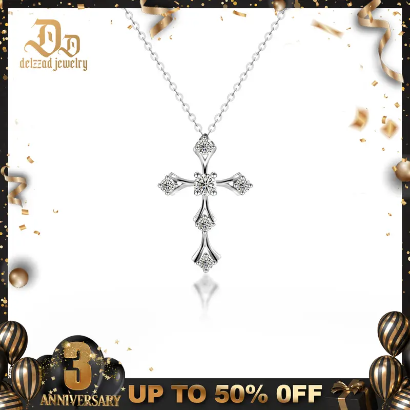 Delzzad Cross Pendant Necklace Synthetic Moissanite 18inches S925 Chain Perfect Christmas Gift for Men Women