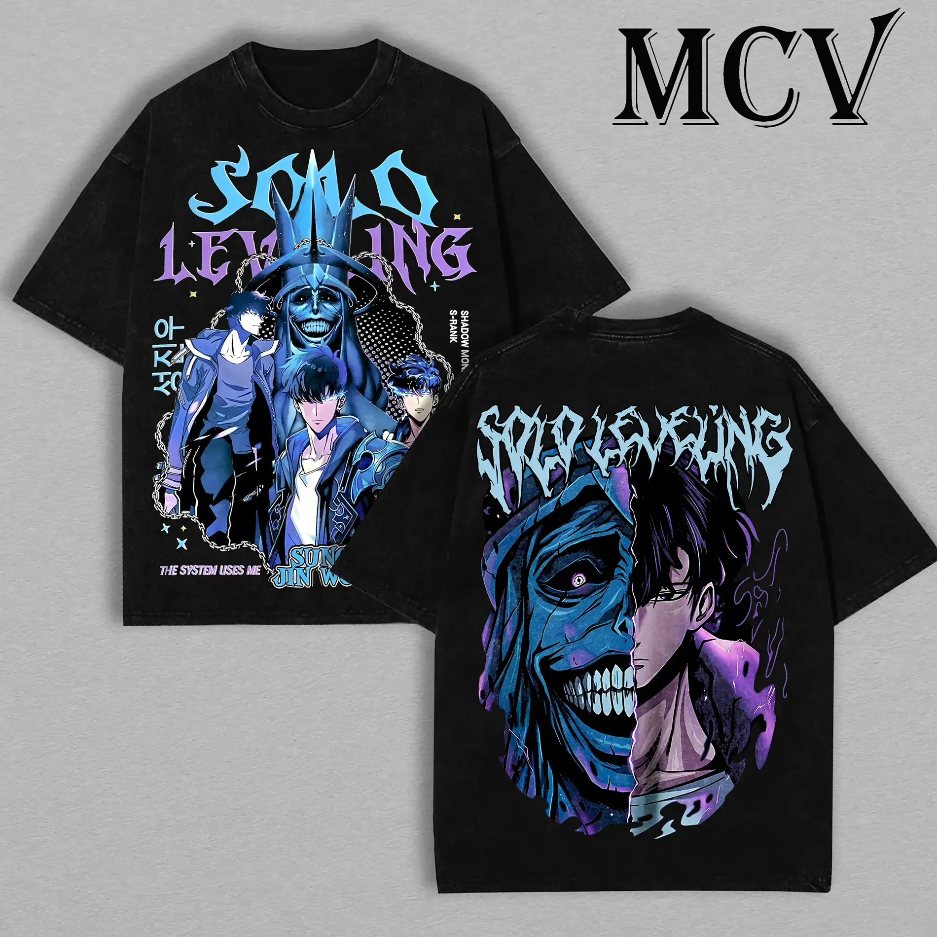 Solo Leveling Graphic T-Shirt, Aesthetic Baggy Heavyweight Cotton, Unisex Shadow Monarch Shortsleeve Streetwear for Anime Fans, Tshirt, Top, Breathable, Loose