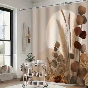 Simple beige and brown plant pattern forest shower curtain design, polyester fabric, windows and walls, bathtub, bathroom home decoration shower curtain, all season universal shower curtain, bathroom decoration curtain, with 12 hooks