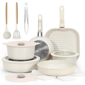 Nonstick Ceramic Cookware Set 20-Piece - Pots and Pans Set with Detachable Handle - RV Stackable Kitchen Cooking Set, Induction/Dishwasher/Oven Safe, with Frying, Cream White
