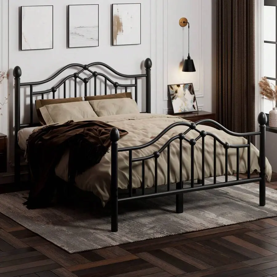 Metal Twin/Full/Queen   With Headboard And Footboard, Modern Platform   Support Up To 1000LBS, Under  Storage, No Box Spring Needed, Easy Assembly, Black/White bed frame Size Double Floor Door Canopy