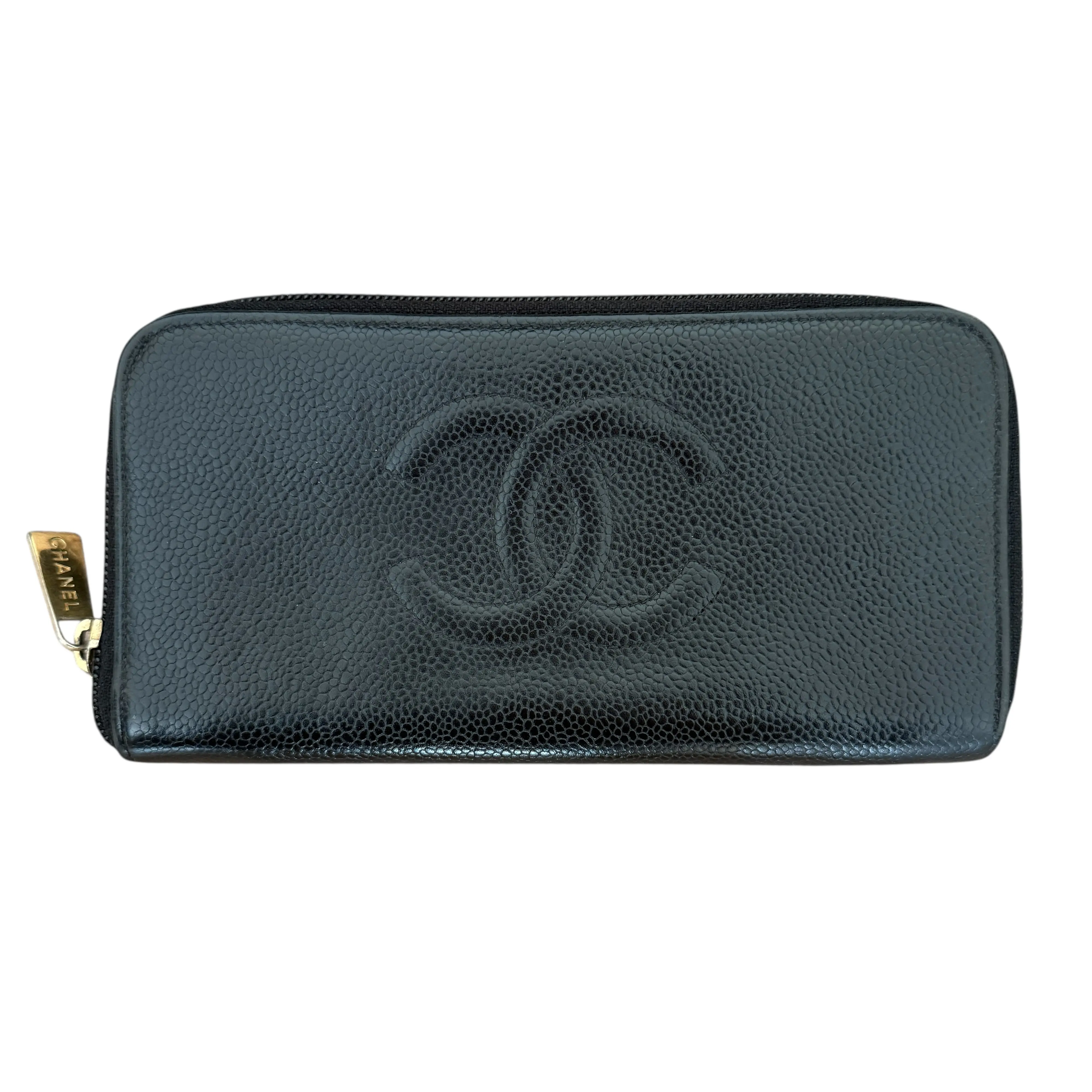 Pre-owned CHANEL Caviar Small Leather Goods CC black leather long zip around wallet authentic with COA gold tone hardware
