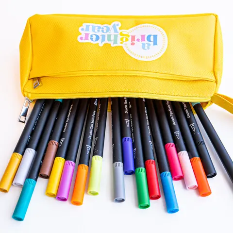 A Brighter Year 18-Color Double Tipped Water-Resistant Marker Set, Dual Markers & Highlighters, Felt Tip, Boxed Assortment, Travel-Ready Zipper Case, Office Stationery for Work, Computers & Office Equipment
