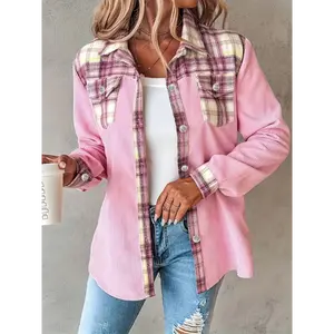 Women's Casual Plaid Button-Up Shirt - Long Sleeve, Pink & Black Checkered Design, Polyester, Machine Washable, Elegant Style for Attire, Adult Wear | Buttonup Front Decorative Pockets Fabric Tops Blouse Womenswear Fitted