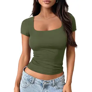 Trendy Queen Double Lined Short Sleeve Tshirts for Women Square Neck Cute Crop Top Spring Summer Basic Tees Workout Going Out