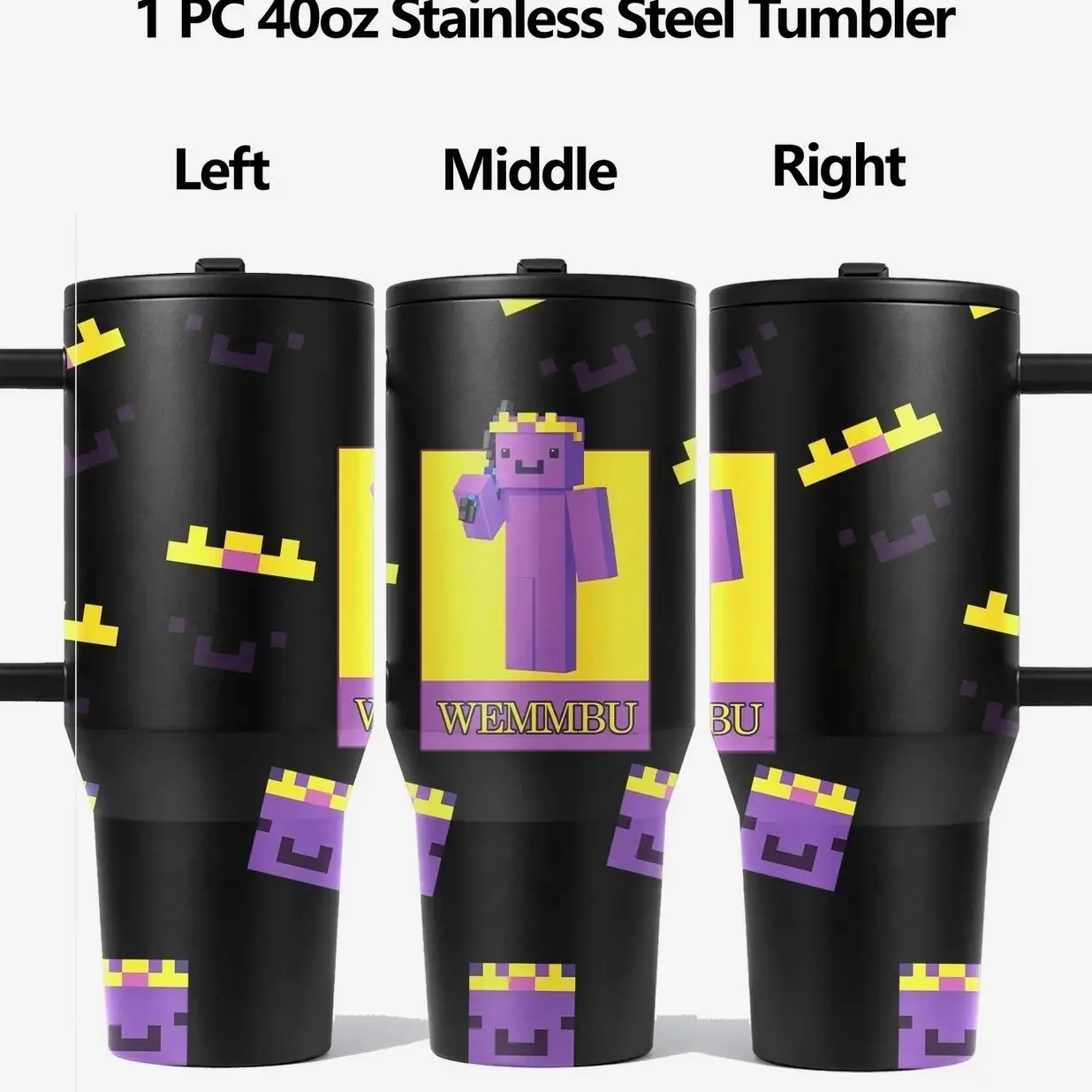 1 Pc 40oz pixel style design Tumbler with Handle, Insulated Drinkware, double wall stainless steel vacuum cup, keeps cold 12h, leak proof lid with handle, large capacity tumbler, for hot cold drinks
