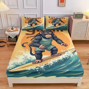 3-Piece Comfortable Monkey Surf Trendy Bed Cap Set, High-Definition Digital Printing, Soft And Breathable, 100% Polyester Fiber, Perfect Gift For All Seasons, Suitable For Family And Friends. Clearance Sale
