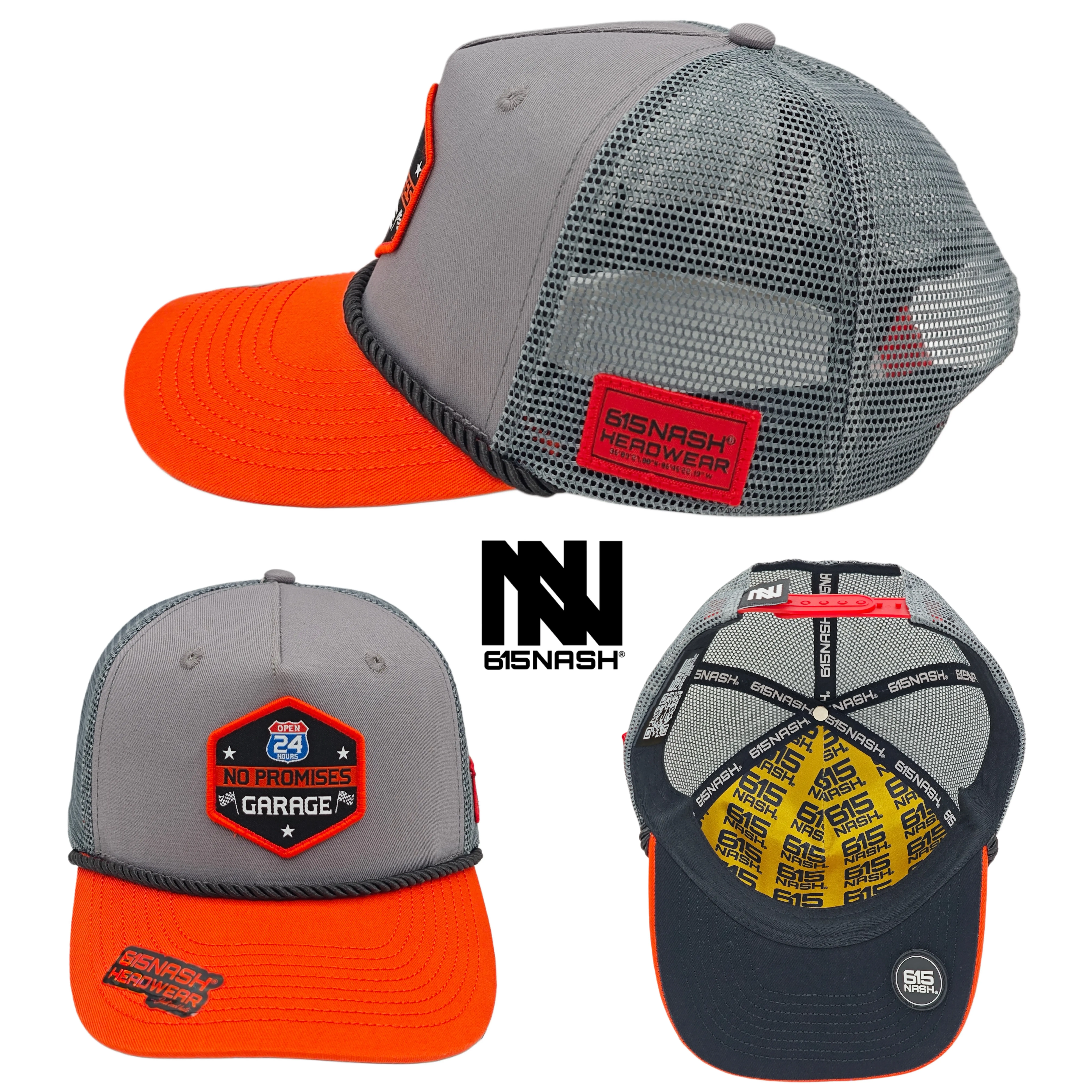 615Nash Headwear No Promises Garage Gray Snapback Hat with Orange Bill & Mesh Back Unisex Adjustable One Size Fits Most