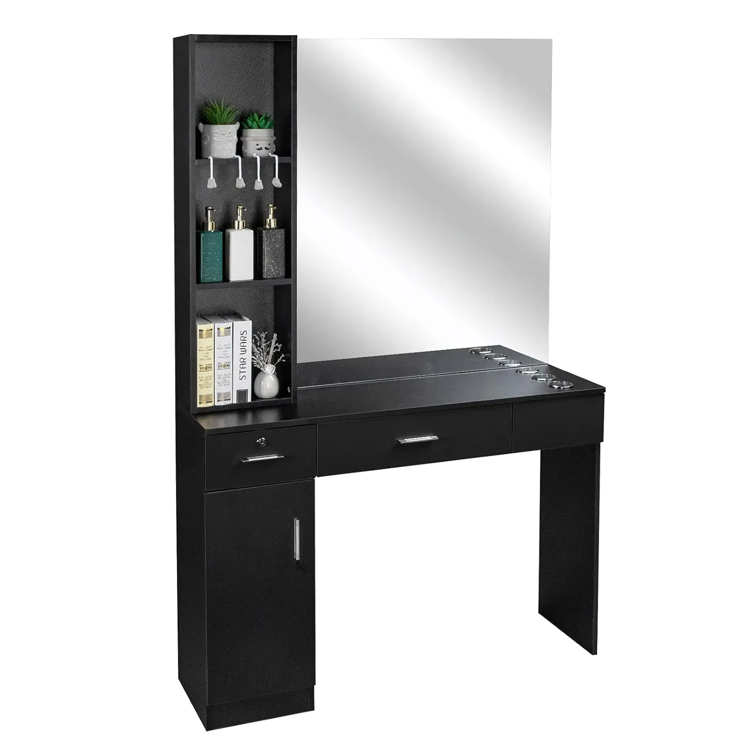 OmySalon Barber Station with Mirror, Hair Salon Station for Hair Stylist, Wall Mount Salon Beauty Spa Equipment with 3 Hair Dryer Holders & Open Shelves, 2 Drawers, 1 Storage Cabinet