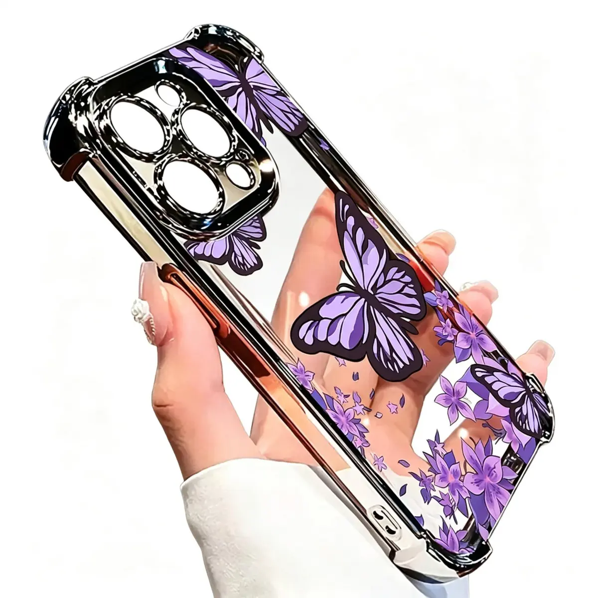 iPhone Case Cover - Purple Butterflies & Flower Pattern TPU Smartphone Accessory, Slim Lightweight Transparent Electroplated Casing with Anti-Fall Corners, Fits iPhone 17,16 Pro Max,15 Plus,14,13,12,11,X,XS MAX, Shockproof Mobile Phone Accessories